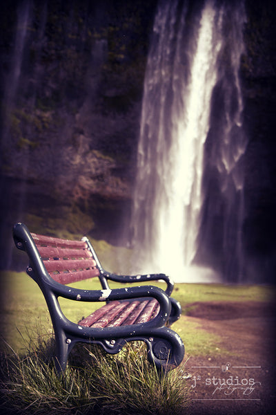 Reflections by the Falls, Seljalandsfoss Iceland park bench photography art print