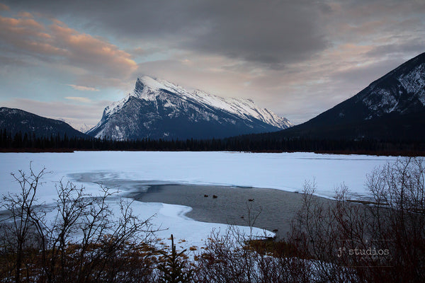 Image of the famous and iconic Rundle Mountain in Banff National Park looming over the shores of Vermillion Lakes. Postcard quality art print of the Canadian Rockies.