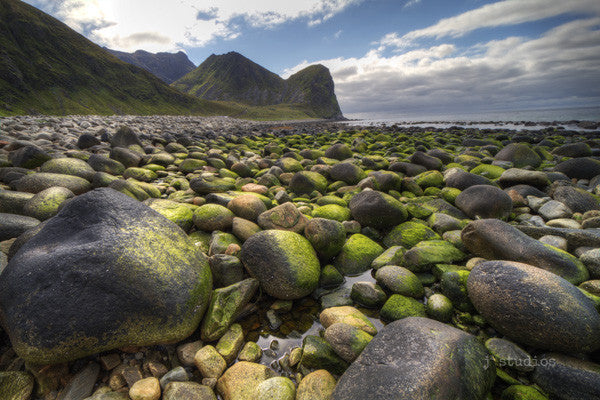 Sea of Rocks is an image of series of moss covered rocks on a beach in Lofoten, Norway.