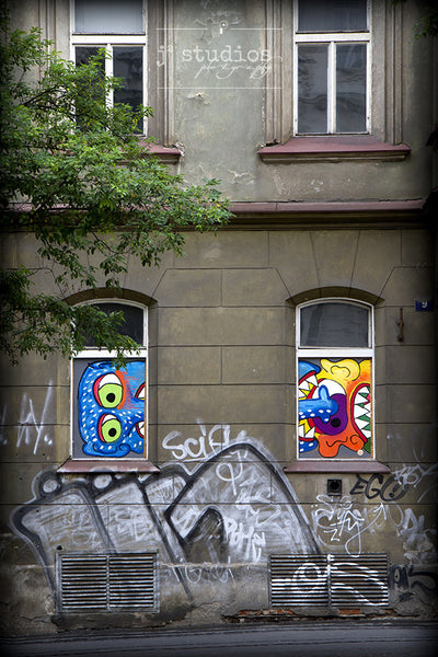 Window Faces is a street art themed print from Prague. Graffiti photography.