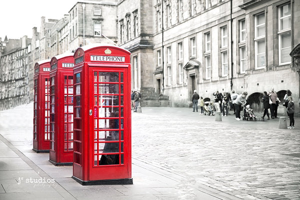 Art print of a three red telephone booths in old town Edinburgh. Scotland urban photography.